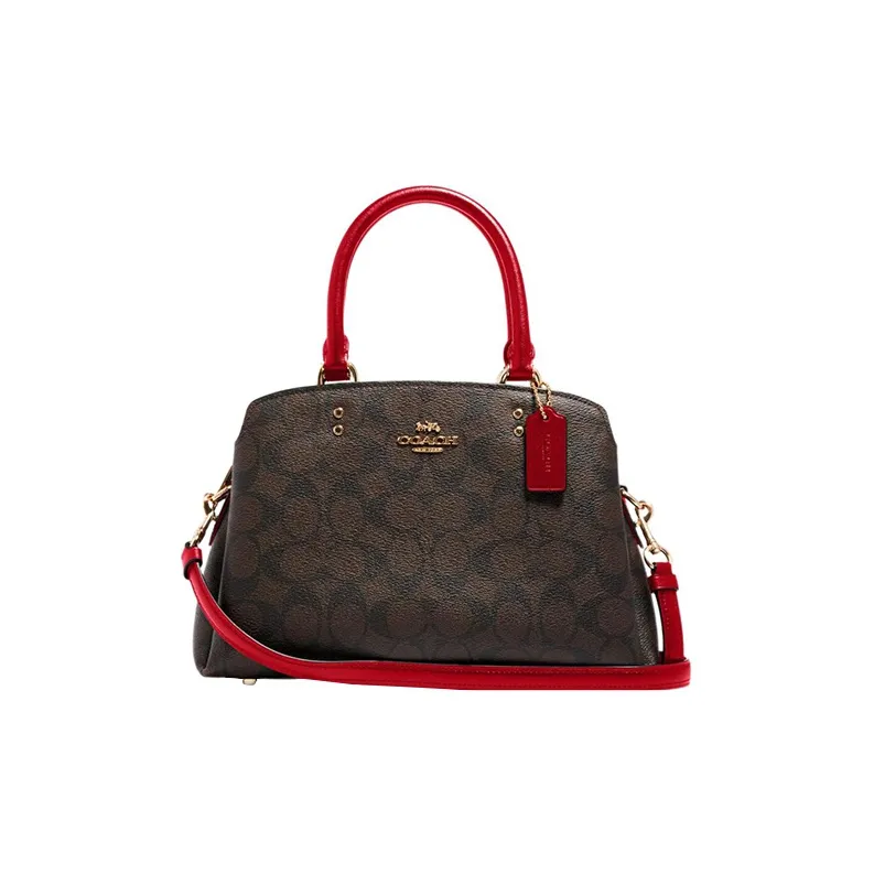 COACH Lillie Coated Canvas With Smooth Leather Detail Shoulder Bag Crossbody Bag Handbag Mini Women's Brown & Red-0
