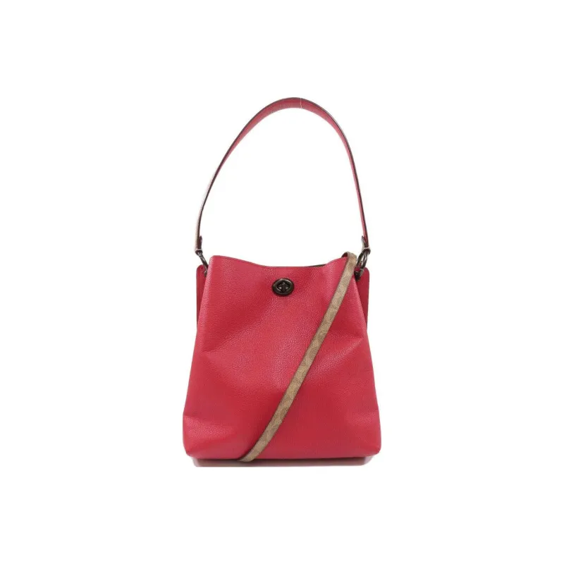 COACH Charlie Leather With Coated Canvas Bucket Bag Handbag Shoulder Bag Crossbody Bag Medium Size Women's Red-1