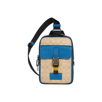 COACH Track Cow Leather With Fabric Sling Bag, Crossbody Bag, Shoulder Bag Medium Size Men's Blue Beige
