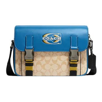 COACH Track Cow Leather Shoulder Bag, Crossbody Bag Regular Men's Blue Beige