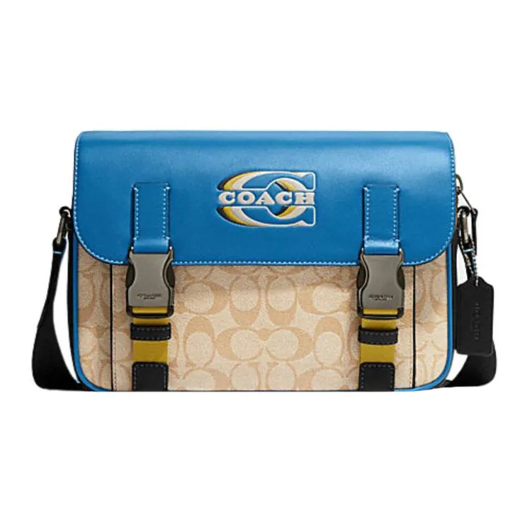 COACH Track Cow Leather Shoulder Bag, Crossbody Bag Regular Men's Blue Beige-0