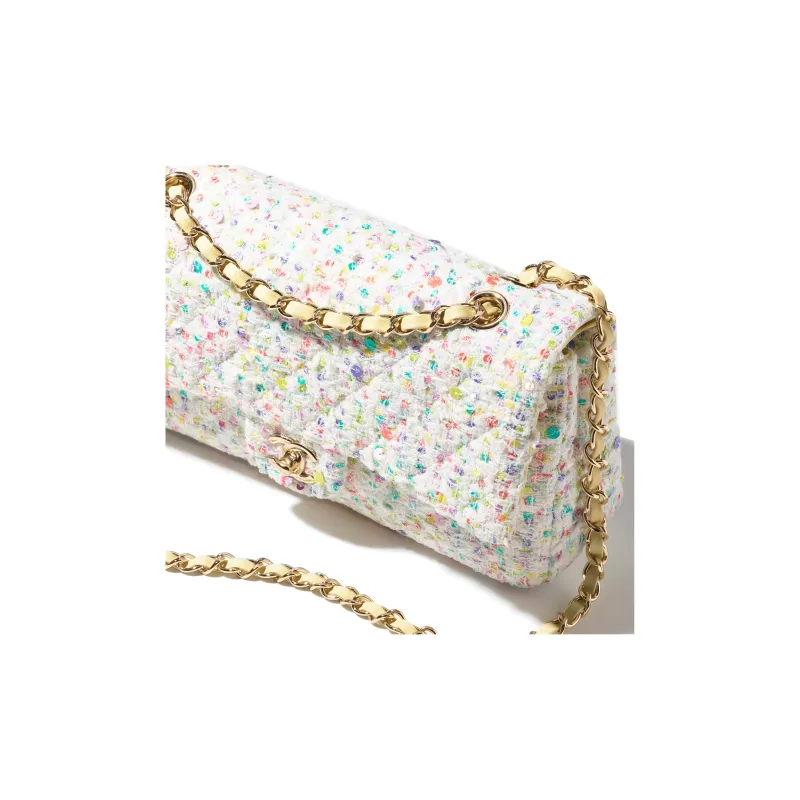 CHANEL Classic Flap CF Twill Soft Woolen Tweed Shoulder Bag, Crossbody Bag Women's Beige/Multicolor-3