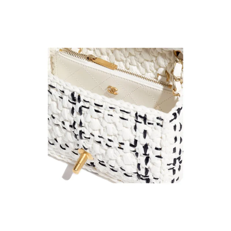 CHANEL Raffia And Plaid Combination Shoulder Bag, Crossbody Bag Mini Women's White & Black-3