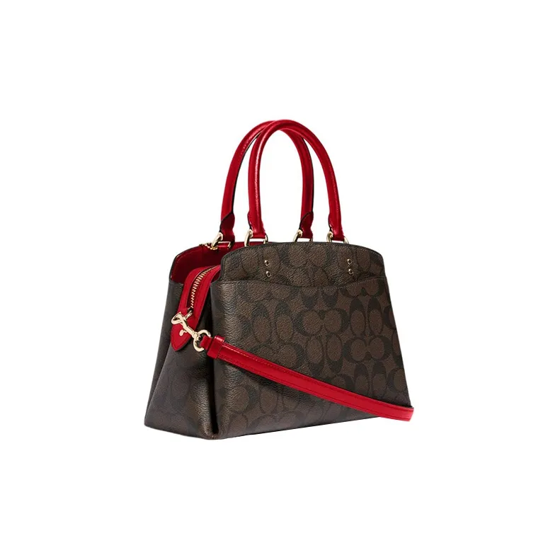 COACH Lillie Coated Canvas With Smooth Leather Detail Shoulder Bag Crossbody Bag Handbag Mini Women's Brown & Red-1