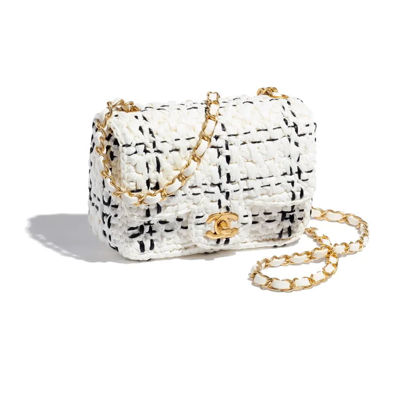 CHANEL Raffia And Plaid Combination Shoulder Bag, Crossbody Bag Mini Women's White & Black-1