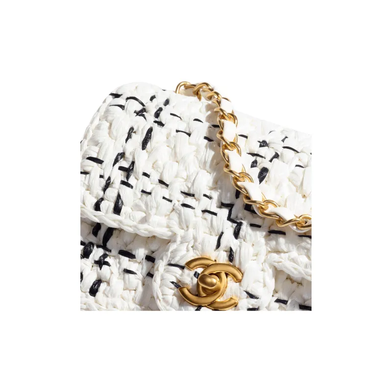 CHANEL Raffia And Plaid Combination Shoulder Bag, Crossbody Bag Mini Women's White & Black-2