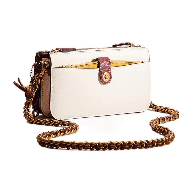 COACH Noa Pop Up Pebbled Leather With Canvas Chain Shoulder Bag, Crossbody Bag Small Size Women's Brown-1