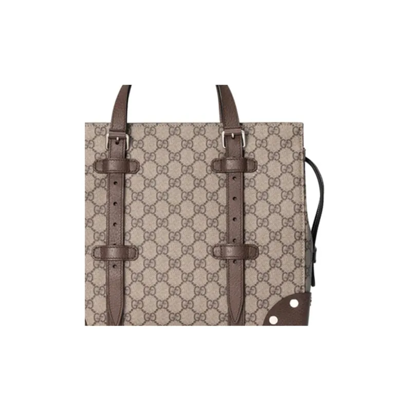 GUCCI Canvas With Leather Tote Bag, Shopping Bag, Handbag Medium Size Unisex Ebony & Brown-7