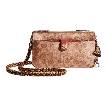 COACH Noa Pop Up Pebbled Leather With Canvas Chain Shoulder Bag, Crossbody Bag Small Size Women's Brown
