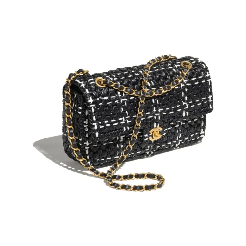 CHANEL Raffia With Tweed Shoulder Bag, Crossbody Bag Women's Black/White-1