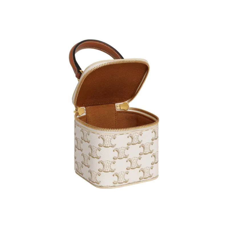 CELINE Triomphe Calfskin Trim Box Bag, Shoulder Bag, Crossbody Bag, Handbag Mini Women's White/Tawny-4