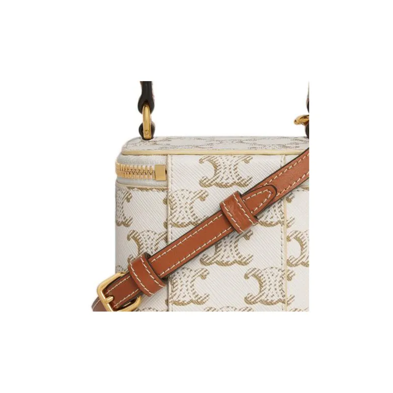 CELINE Triomphe Calfskin Trim Box Bag, Shoulder Bag, Crossbody Bag, Handbag Mini Women's White/Tawny-5