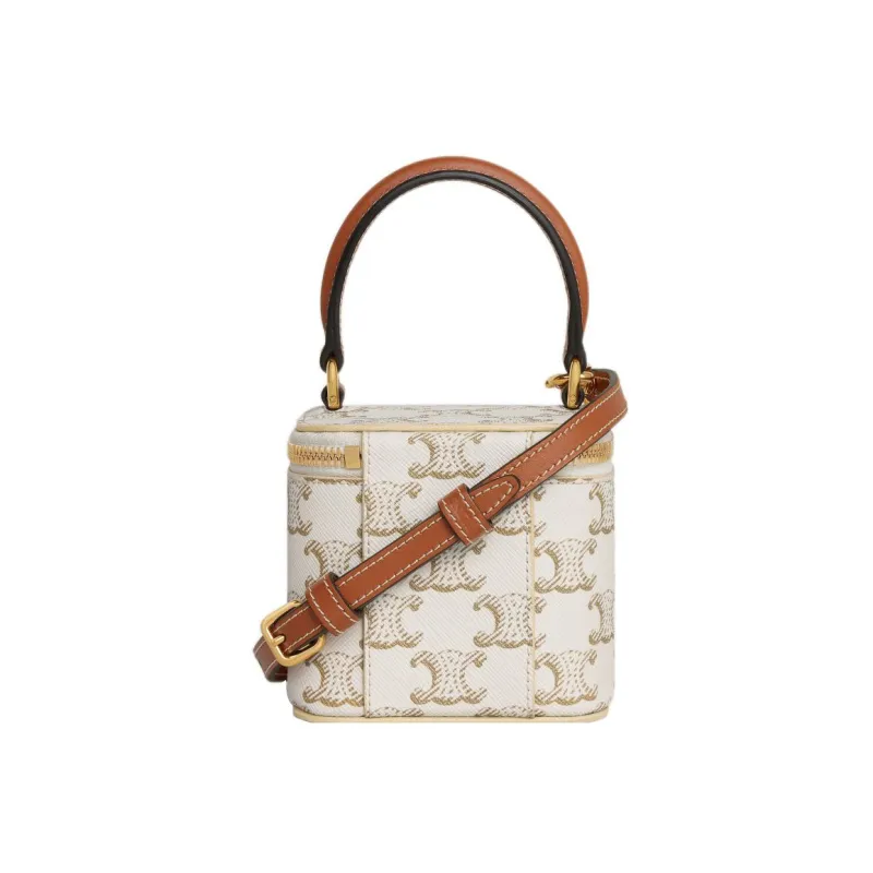 CELINE Triomphe Calfskin Trim Box Bag, Shoulder Bag, Crossbody Bag, Handbag Mini Women's White/Tawny-3