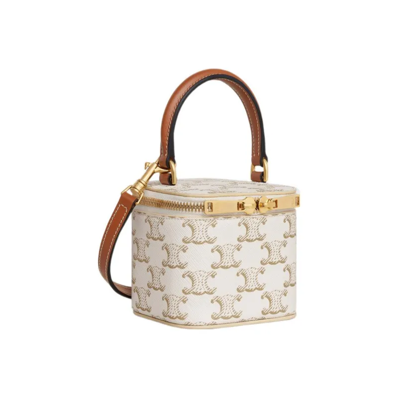 CELINE Triomphe Calfskin Trim Box Bag, Shoulder Bag, Crossbody Bag, Handbag Mini Women's White/Tawny-2