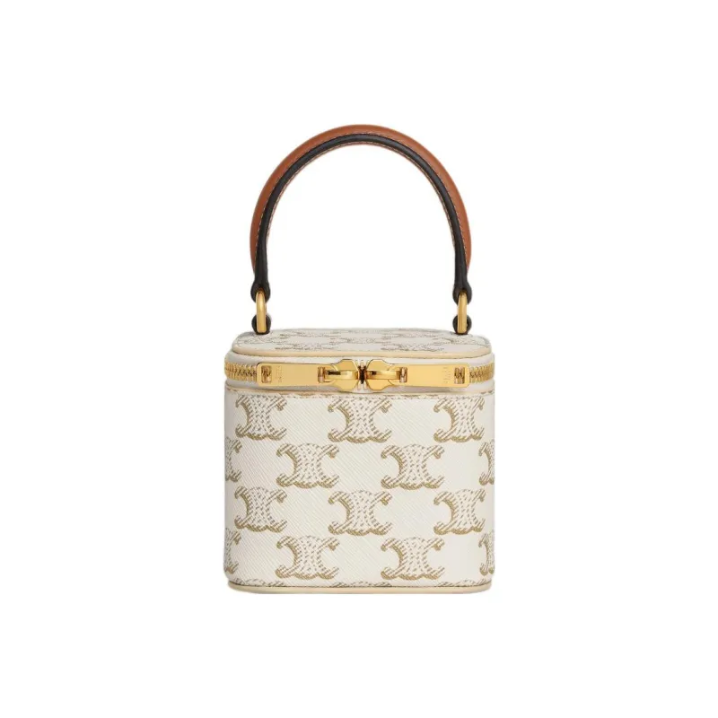 CELINE Triomphe Calfskin Trim Box Bag, Shoulder Bag, Crossbody Bag, Handbag Mini Women's White/Tawny-1