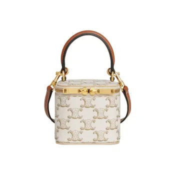 CELINE Triomphe Calfskin Trim Box Bag, Shoulder Bag, Crossbody Bag, Handbag Mini Women's White/Tawny