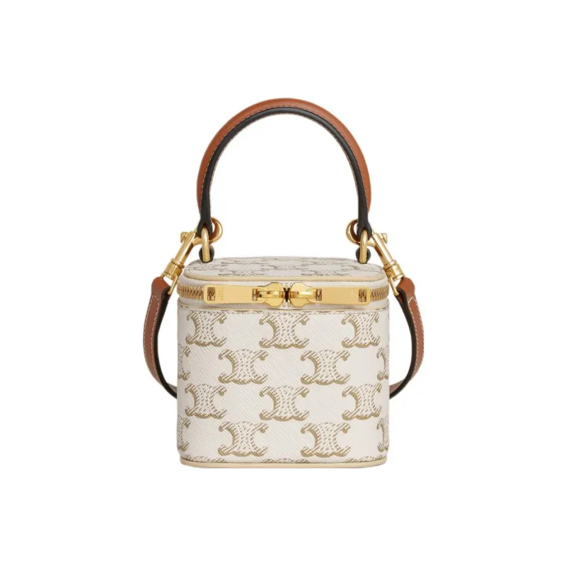 CELINE Triomphe Calfskin Trim Box Bag, Shoulder Bag, Crossbody Bag, Handbag Mini Women's White/Tawny-0