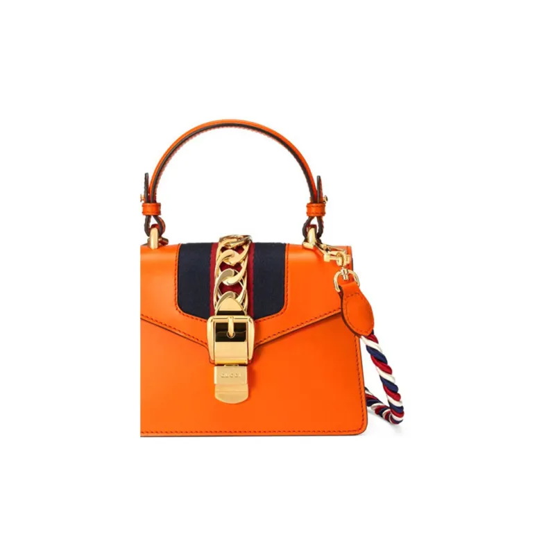 GUCCI Sylvie Leather Shoulder Bag Crossbody Bag Handbag Mini Women's Orange-7