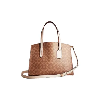 COACH Charlie Coated Canvas With Calfskin Tote Bag Shopping Bag Handbag Shoulder Bag Large Size Women's Brown & White