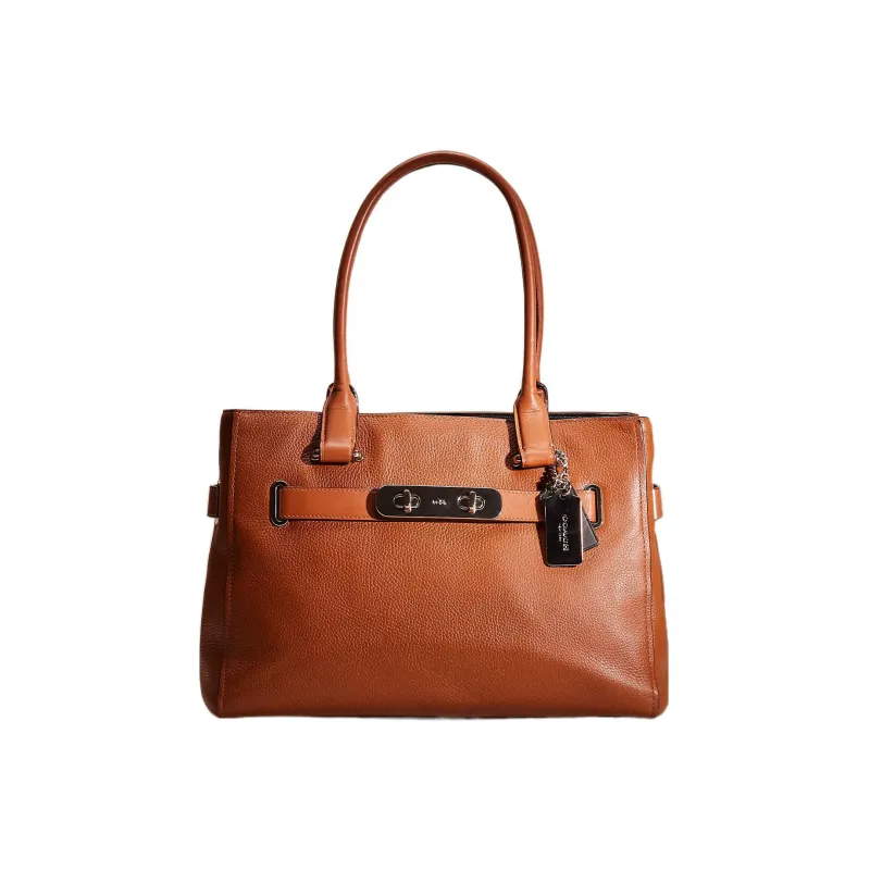 COACH Swagger Pebbled Leather Tote Bag, Shopping Bag, One Shoulder Handbag, Crossbody Bag Large Size Women's Orange-0