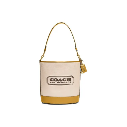 COACH Dakotah Canvas With Calfskin Bucket Bag Handbag Shoulder Bag Crossbody Bag Large Size Women's Beige & Yellow