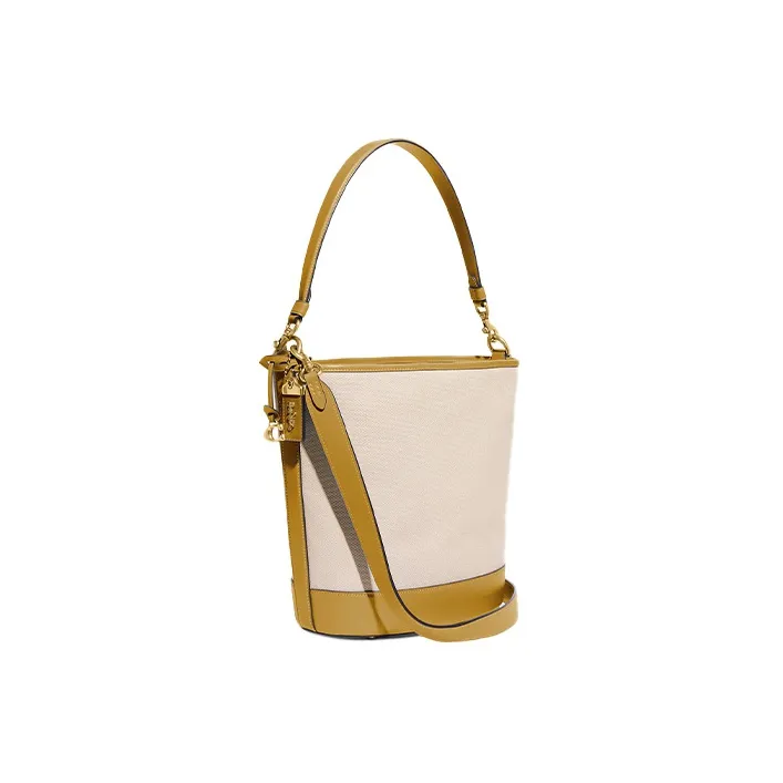 COACH Dakotah Canvas With Calfskin Bucket Bag Handbag Shoulder Bag Crossbody Bag Large Size Women's Beige & Yellow-1