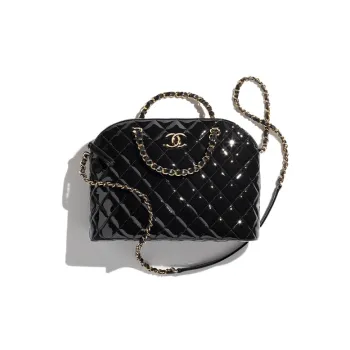 CHANEL Patent Leather Calfskin Dome Bag Shoulder Bag Crossbody Bag Handbag Large Size Women's Black