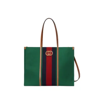 GUCCI Cotton Fabric With Leather Tote Bag Shopping Bag Handbag Large Size Men's Green/Red/Dark Blue