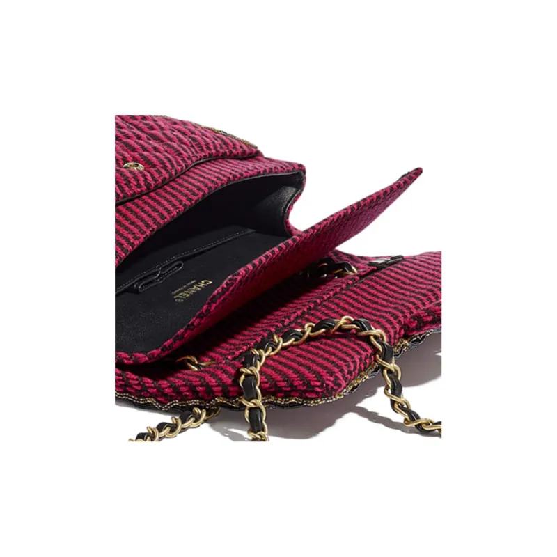 CHANEL Classic Flap CF Wool Plaid Glass Pearl And Gold Metal Shoulder Bag Women's Red Black-3