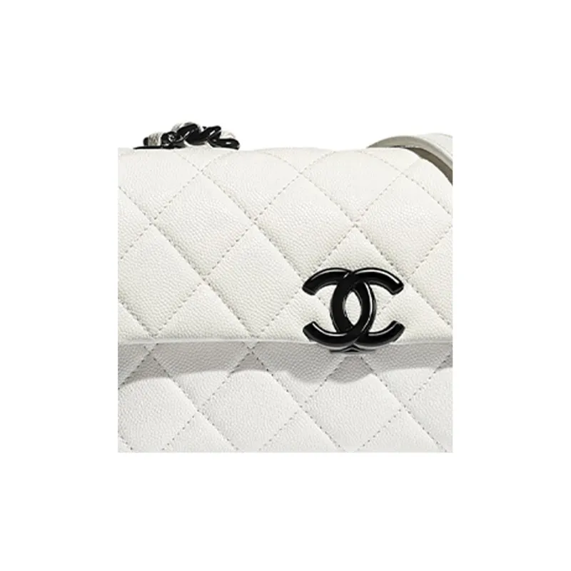 CHANEL Caviar Cow Leather And Metal Finish Flap Bag, Crossbody Bag, Shoulder Bag Trumpets Women's White & Black-4