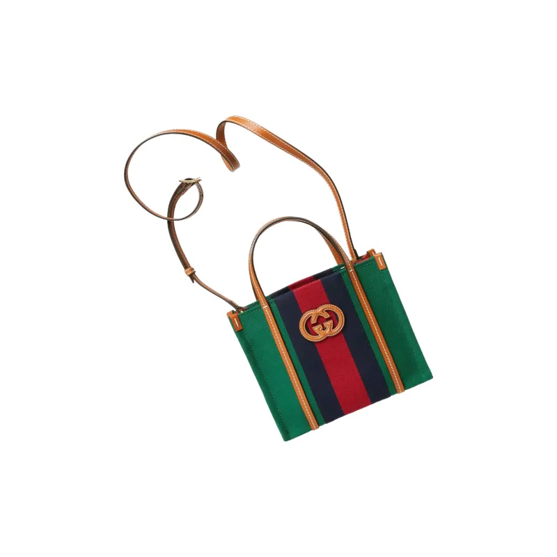 GUCCI Cotton Fabric With Leather Tote Bag Shopping Bag Handbag Mini Women's Green/Red/Dark Blue-7