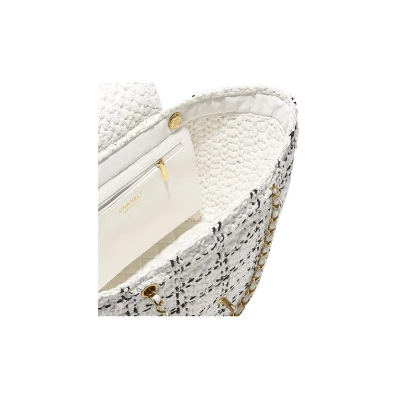 CHANEL Raffia With Tweed Basket Bag, Handbag, Shoulder Bag Women's White & Black-3