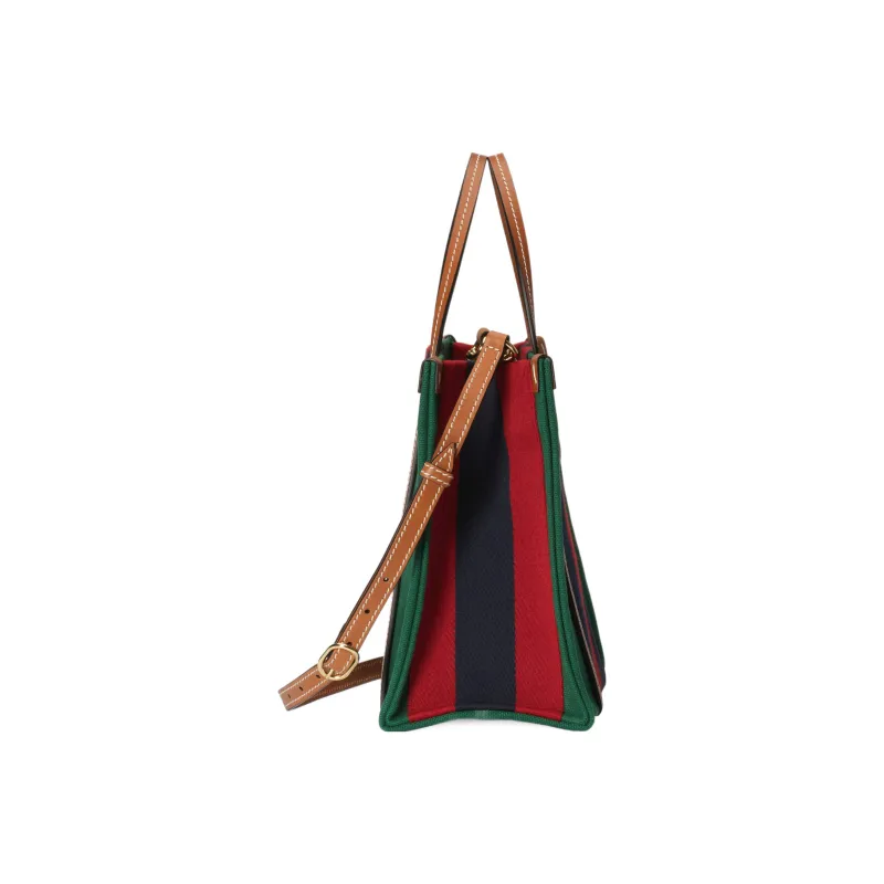 GUCCI Cotton Fabric With Leather Tote Bag Shopping Bag Handbag Small Size Women's Green/Red/Dark Blue-3