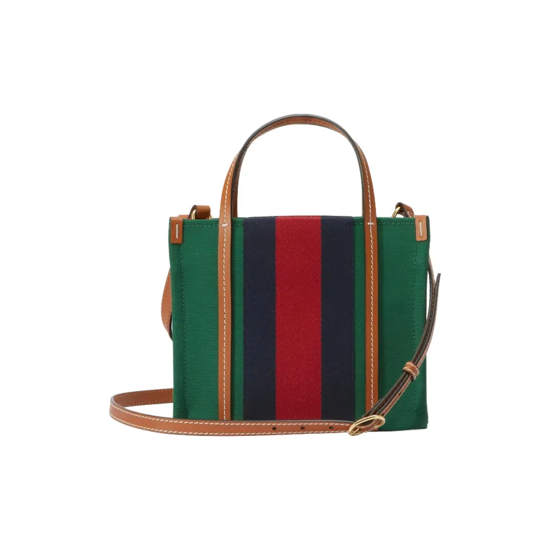GUCCI Cotton Fabric With Leather Tote Bag Shopping Bag Handbag Mini Women's Green/Red/Dark Blue-1