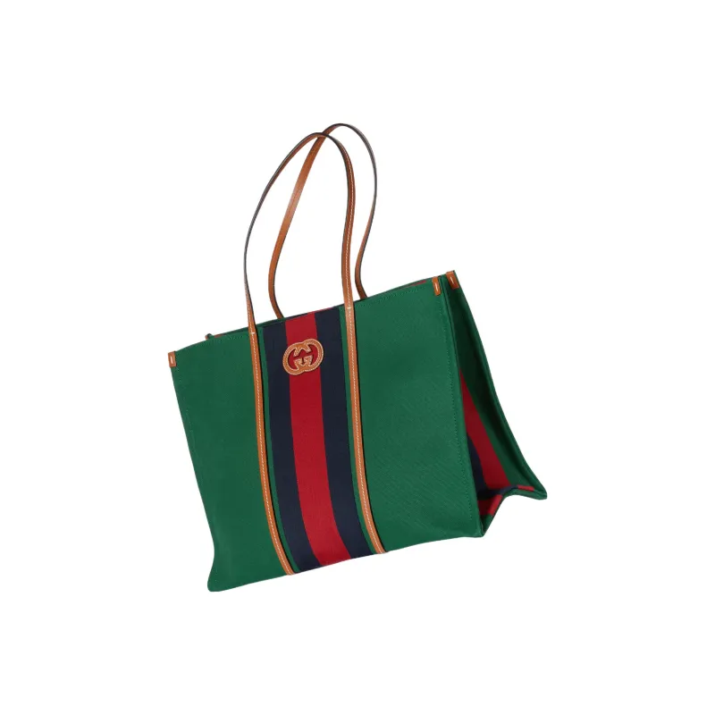 GUCCI Cotton Fabric With Leather Tote Bag, Shopping Bag, Handbag Tubas Men's Green/Red/Dark Blue-2