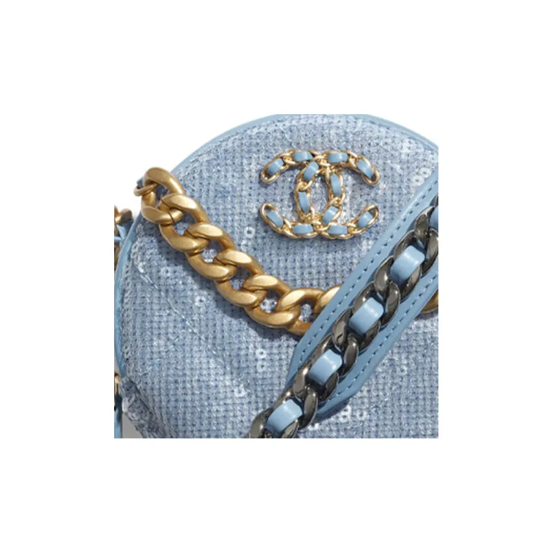 CHANEL 19Bag Sequins With Cow Leather Round Bag, Shoulder Bag Women's Sky Blue-4
