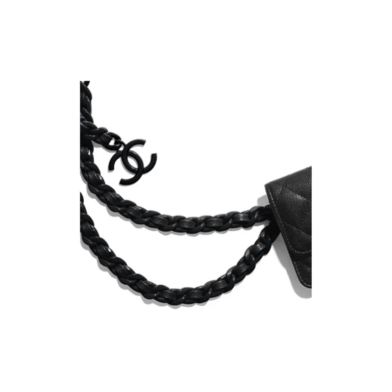 CHANEL Grain Calfskin And Metal Paint Business Card Holder Waist Chain Fanny Pack Women's Black-4