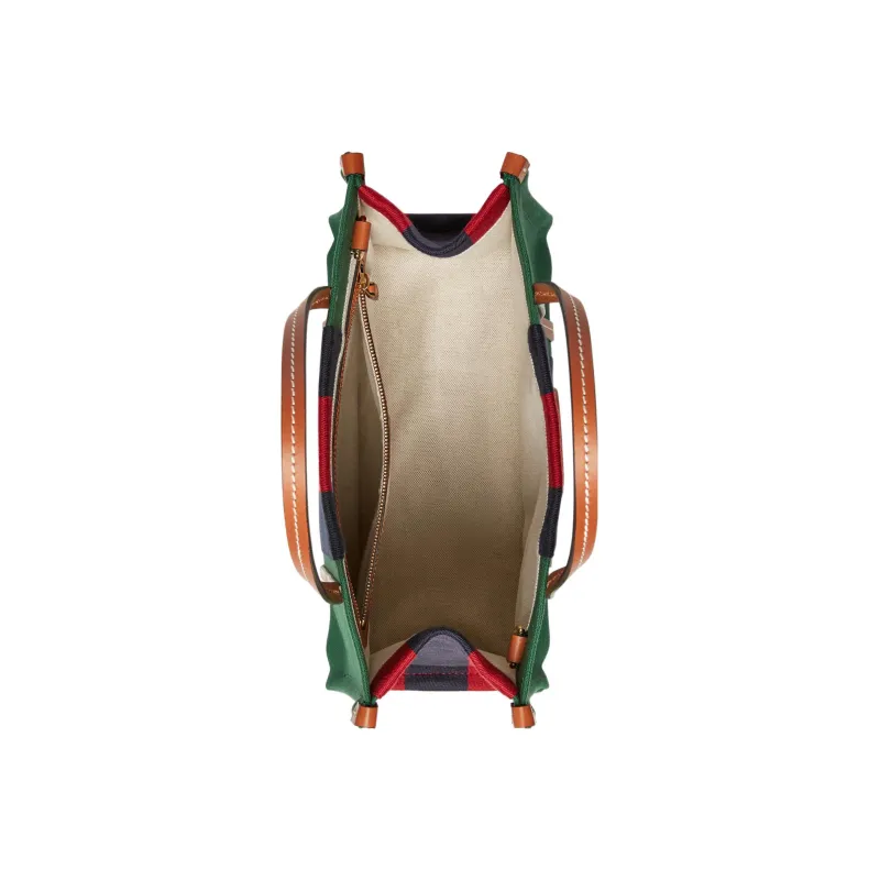 GUCCI Cotton Fabric With Leather Tote Bag Shopping Bag Handbag Small Size Women's Green/Red/Dark Blue-5