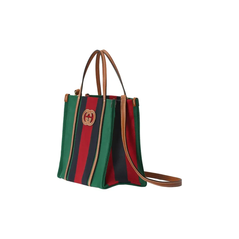 GUCCI Cotton Fabric With Leather Tote Bag Shopping Bag Handbag Small Size Women's Green/Red/Dark Blue-2