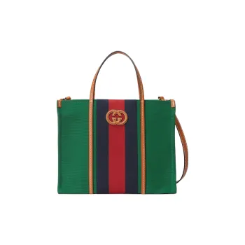 GUCCI Cotton Fabric With Leather Tote Bag Shopping Bag Handbag Medium Size Men's Green/Red/Dark Blue