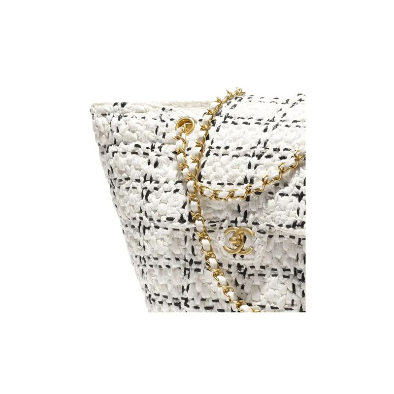CHANEL Raffia With Tweed Basket Bag, Handbag, Shoulder Bag Women's White & Black-2