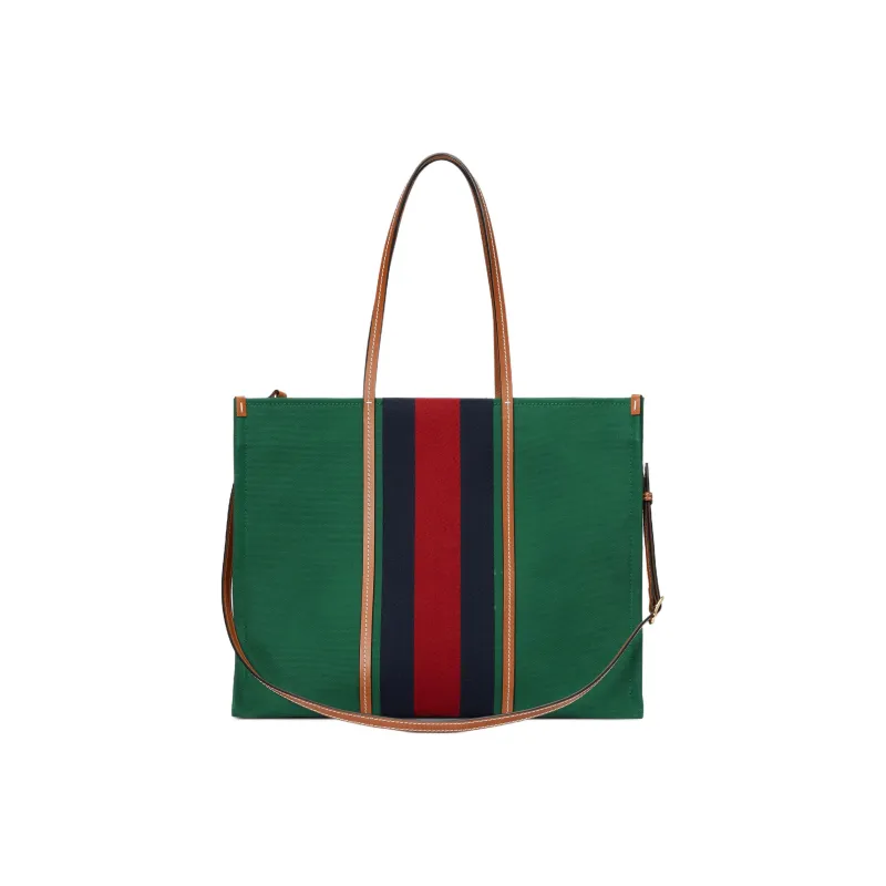 GUCCI Cotton Fabric With Leather Tote Bag, Shopping Bag, Handbag Tubas Men's Green/Red/Dark Blue-3