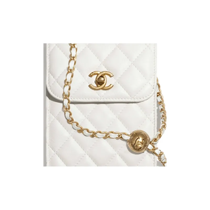 CHANEL Little Golden Ball Lambskin Chain Bag Cell Phone Pouch Women's White-4