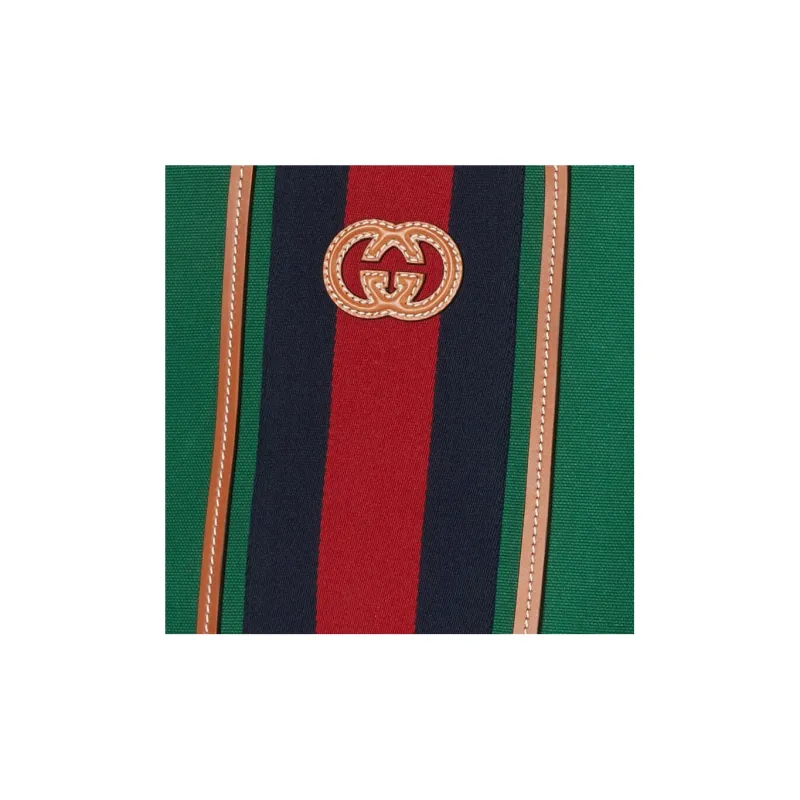 GUCCI Cotton Fabric With Leather Tote Bag Shopping Bag Handbag Small Size Women's Green/Red/Dark Blue-8