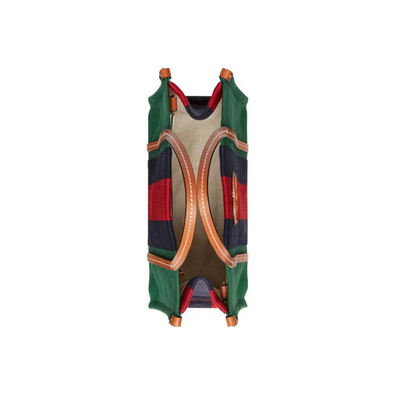 GUCCI Cotton Fabric With Leather Tote Bag Shopping Bag Handbag Small Size Women's Green/Red/Dark Blue-4