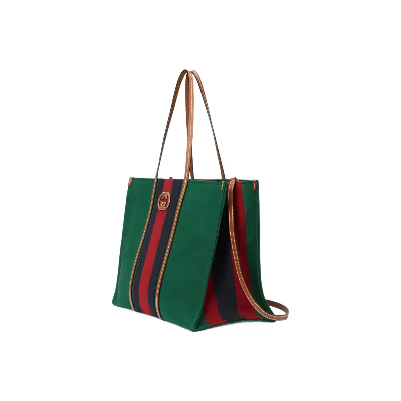 GUCCI Cotton Fabric With Leather Tote Bag, Shopping Bag, Handbag Tubas Men's Green/Red/Dark Blue-1