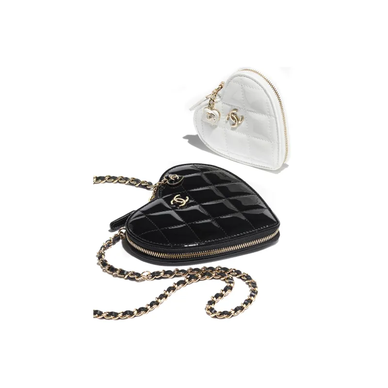 CHANEL Patent Leather Calfskin One Shoulder Crossbody Clutch Women's Black/White-2