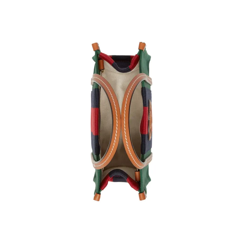 GUCCI Cotton Fabric With Leather Tote Bag Shopping Bag Handbag Mini Women's Green/Red/Dark Blue-4