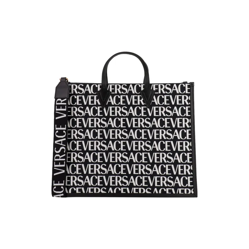 VERSACE Canvas With Leather Tote Bag Shopping Bag Canvas Bag Shoulder Bag Crossbody Bag Handbag Men's Black White-0