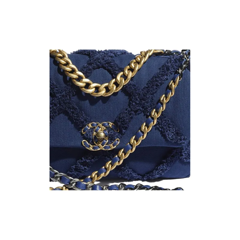 CHANEL 19Bag Cotton Canvas With Calfskin Shoulder Bag, Crossbody Bag Trumpets Women's Marine Blue-4